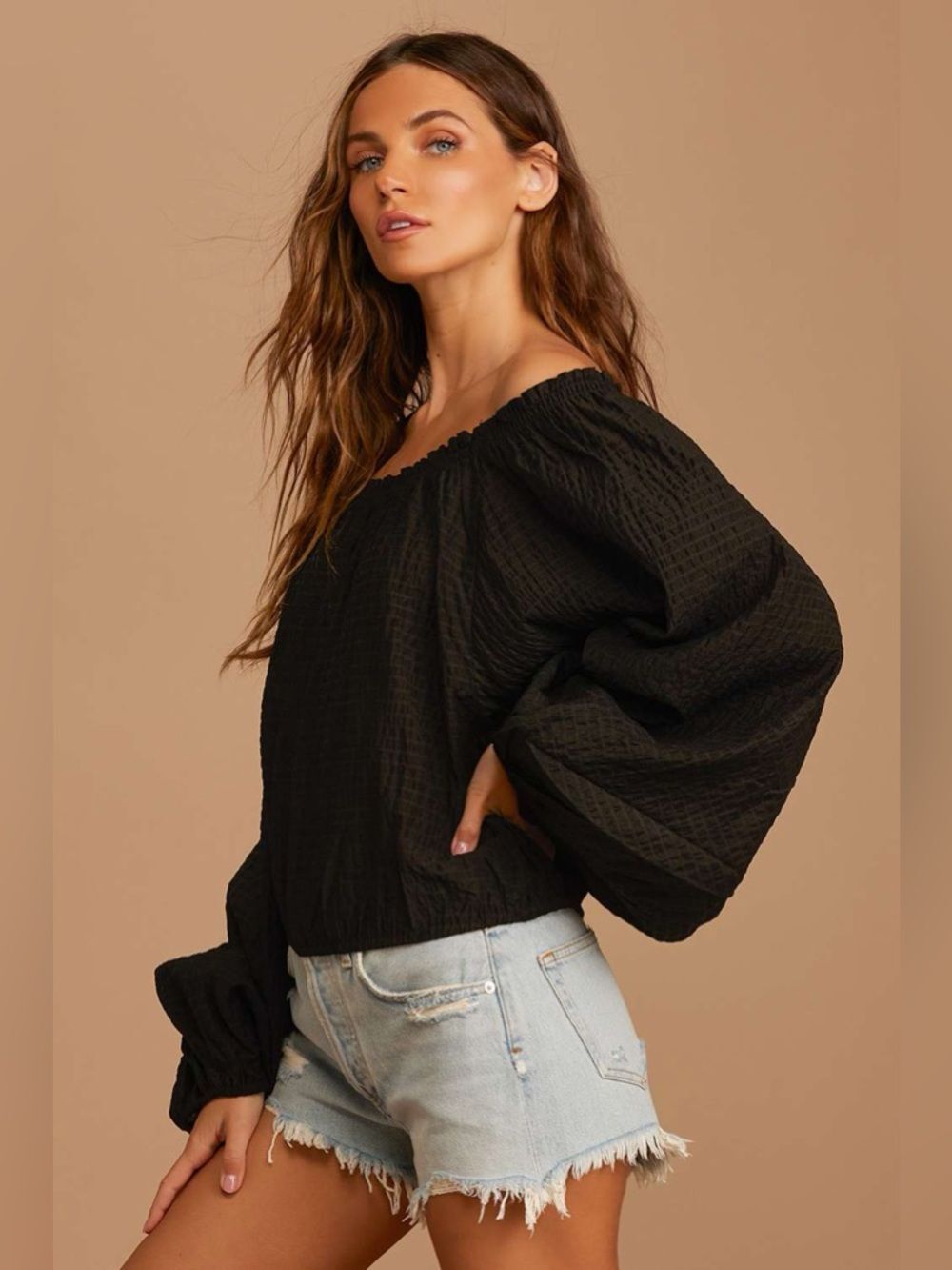 NWT Free People Alicia Top Balloon Sleeves Black XS Oversized Off the Shoulder - Picture 3 of 12